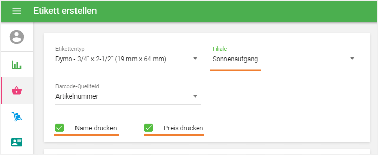 Filiale, Name drucken-, Preis drucken Boxen