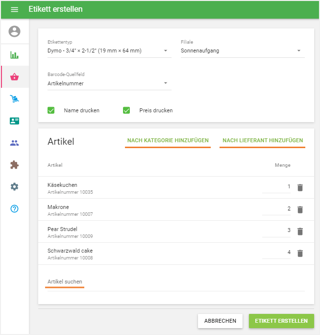 Nach Kategorie oder Lieferant hinzufügen