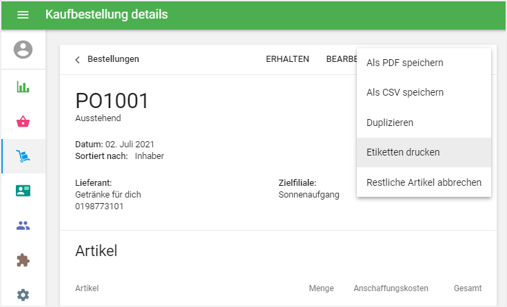 'Etiketten drucken' im Menü 'Mehr'
