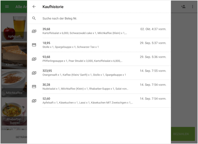 Liste der vergangenen Belege
