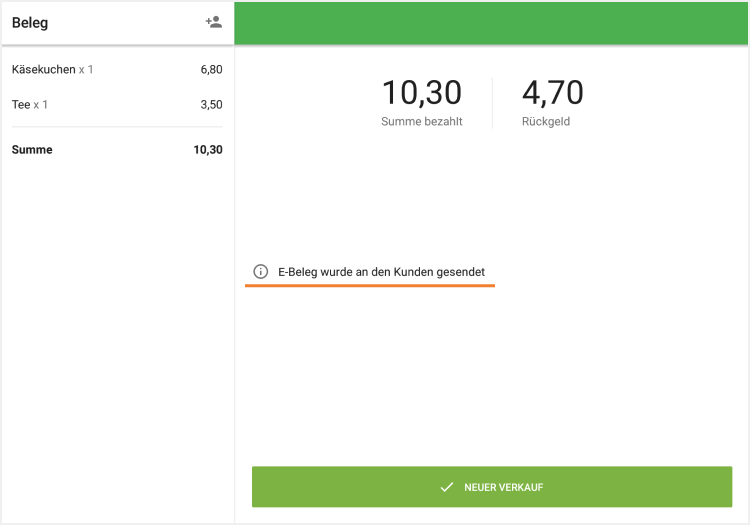 Meldung 'E-Beleg wurde an den Kunden gesendet'