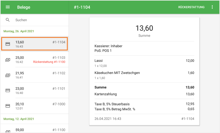 Tippen Sie auf den Beleg