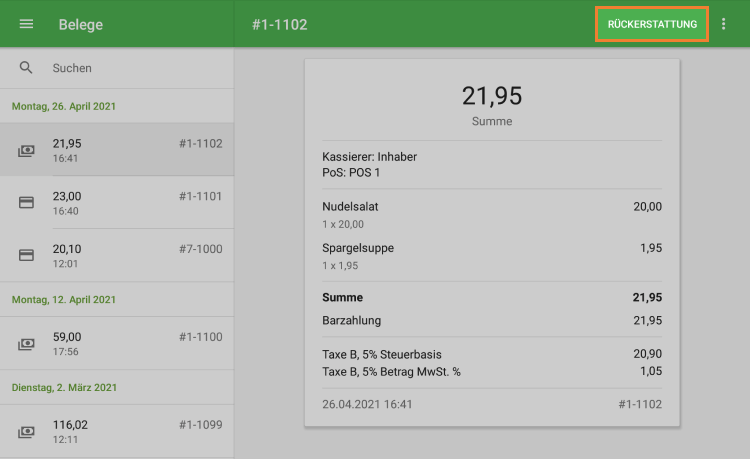 Schaltfläche 'Rückerstattung'