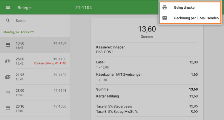 'Beleg drucken' und 'Beleg senden' per E-Mail