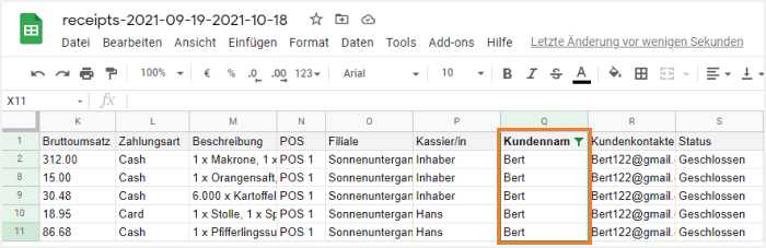 Verkäufe nach bestimmten Parametern filtern