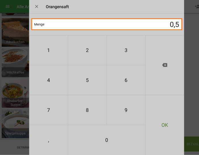 tippen Sie im Feld Menge auf 0.5