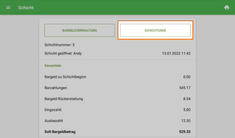 Schaltfläche 'Schichtende'