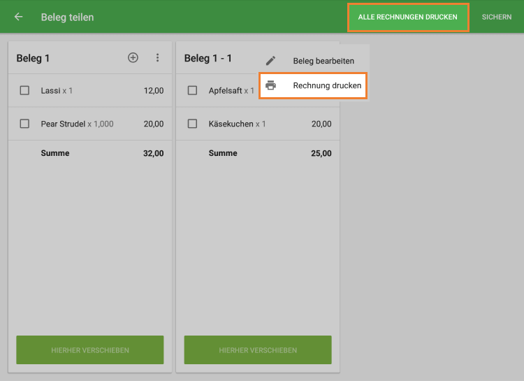 Rechnung für jeden Beleg oder für alle Belege drucken