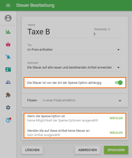 'Die Steuer ist von der Art der Speise-Option abhängig'