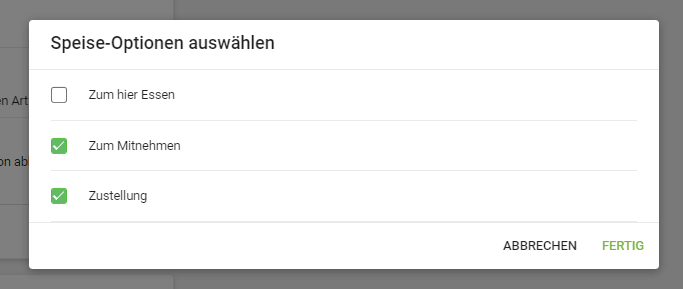 Speiseoption auszuwählen