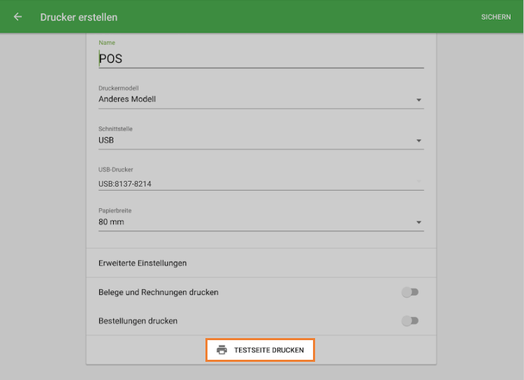 Schaltfläche 'Testseite drucken'