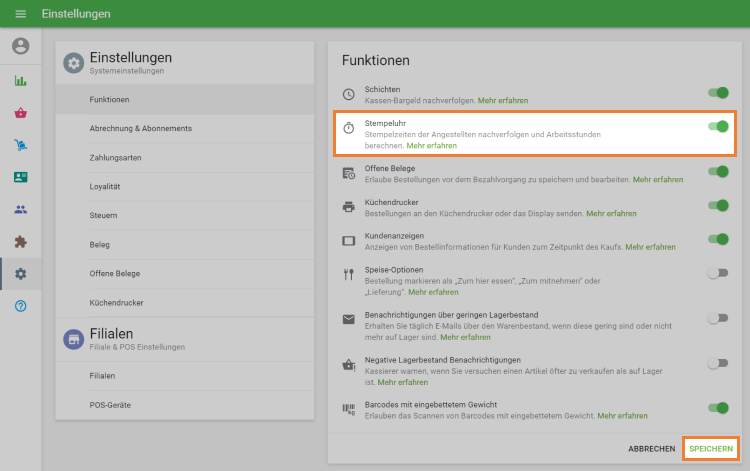 schalten Sie den Schieberegler 'Stempeluhr' ein