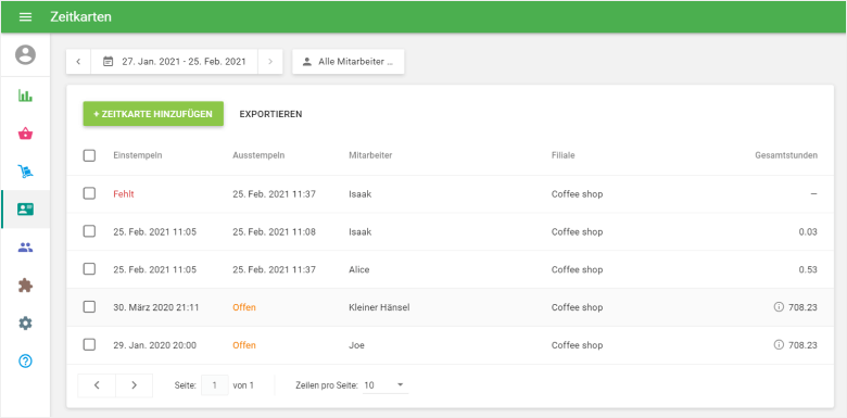 Der Abschnitt 'Zeitkarten'