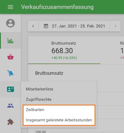 'Zeitkarten' und 'Insgesamt geleistete Arbeitsstunden' option
