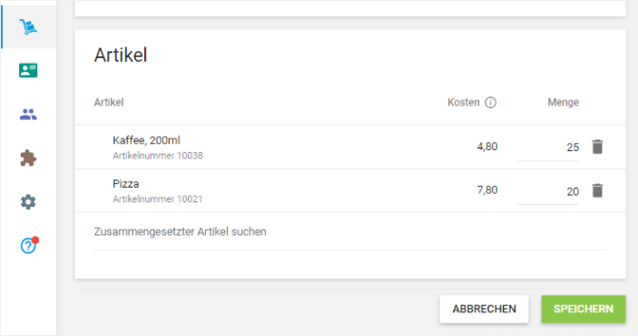 Felder 'Kosten' und 'Menge'