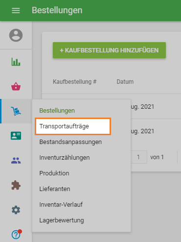 Abschnitt 'Transportaufträge'