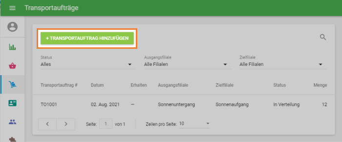 Schaltfläche '+Transportauftrag hinzufügen'