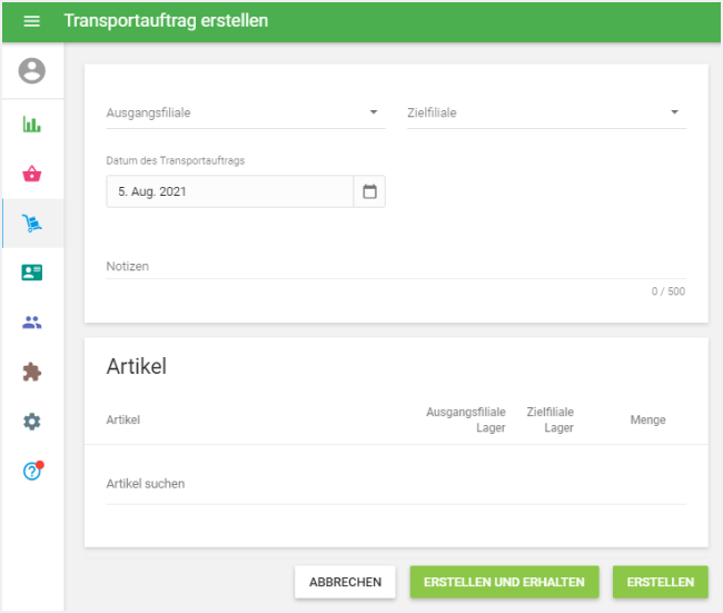 Das Formular für 'Transportauftrag erstellen'