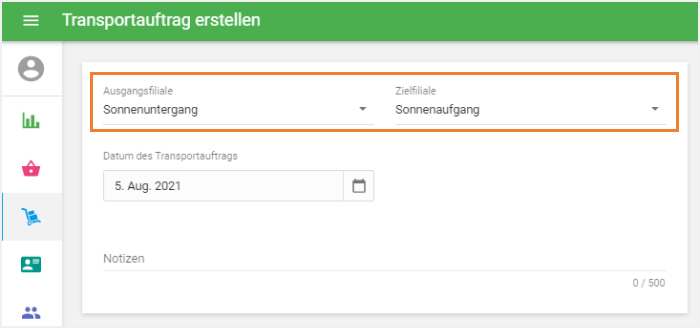 'Ausgangsfiliale' und 'Zielfiliale'