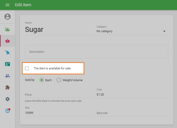 check-box ‘The item is available for sale’