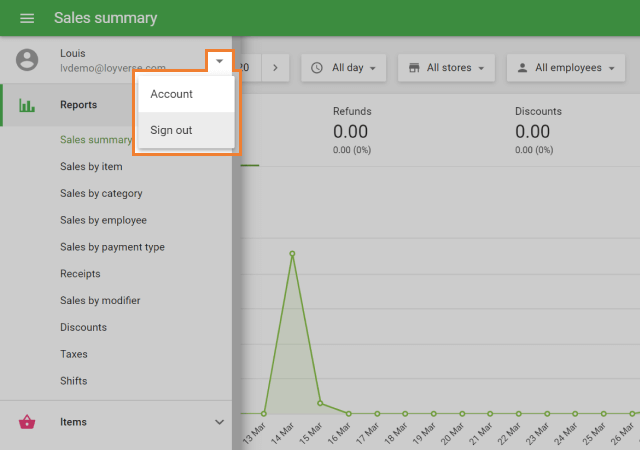 drop down botton ‘Sign out’