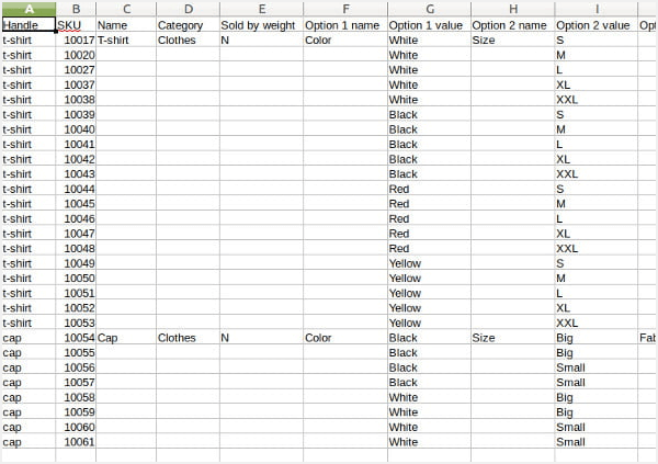 variants of items in CSV file