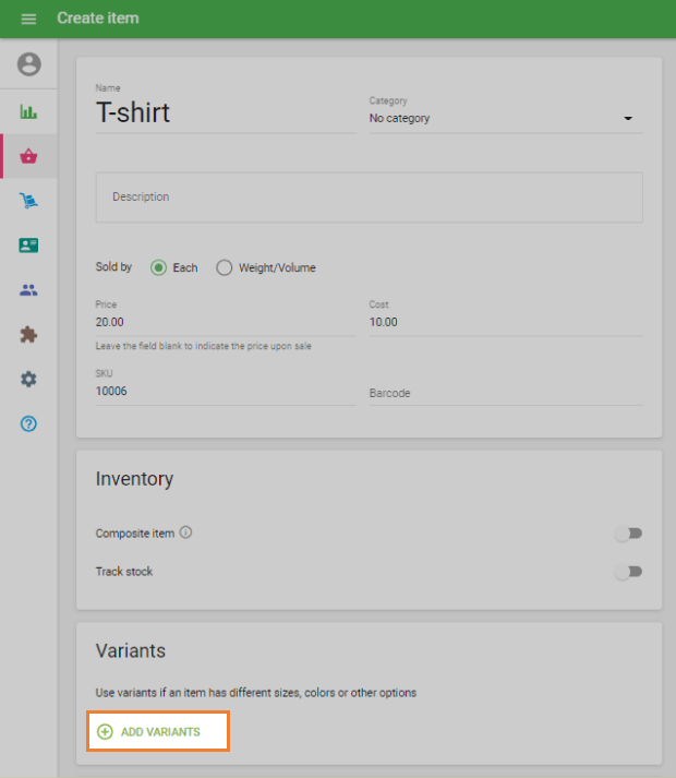 ‘Add variants’ button