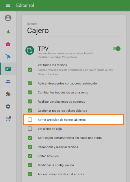 'Borrar articulos de tickets abiertos'