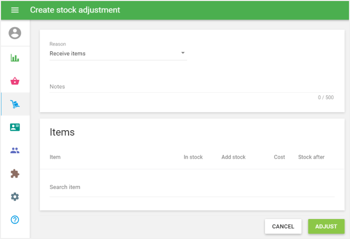 form ‘Create stock adjustment’