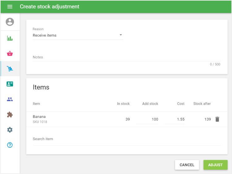 ‘Receive Items’ reason
