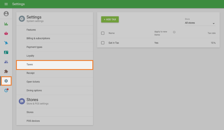 ‘Taxes’ section in the ‘Settings’