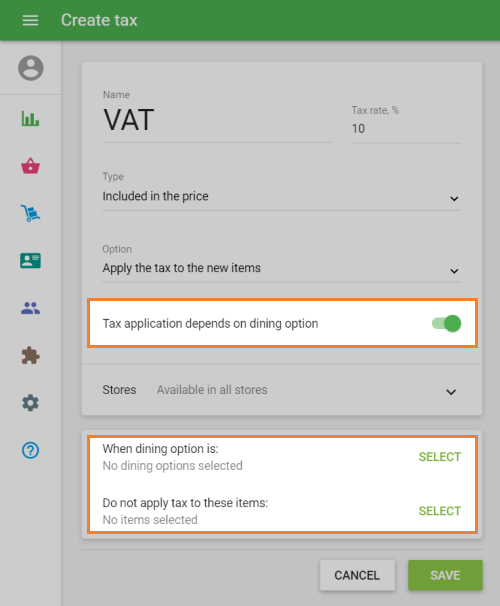 'Tax application depends on dining option' slider