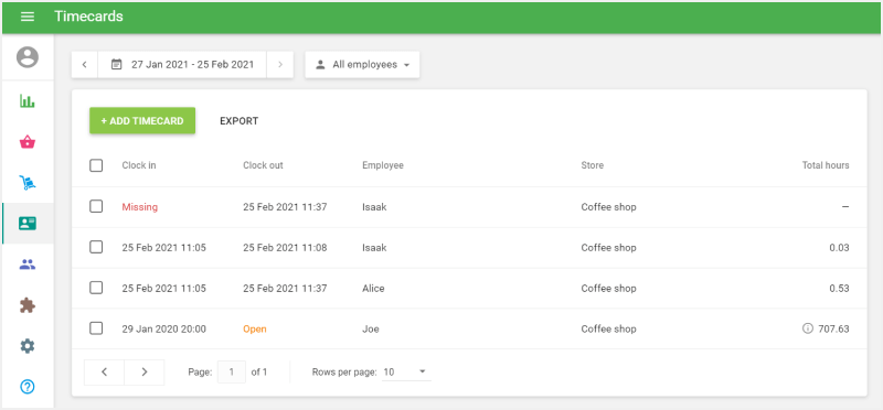 ‘Timecards’ section