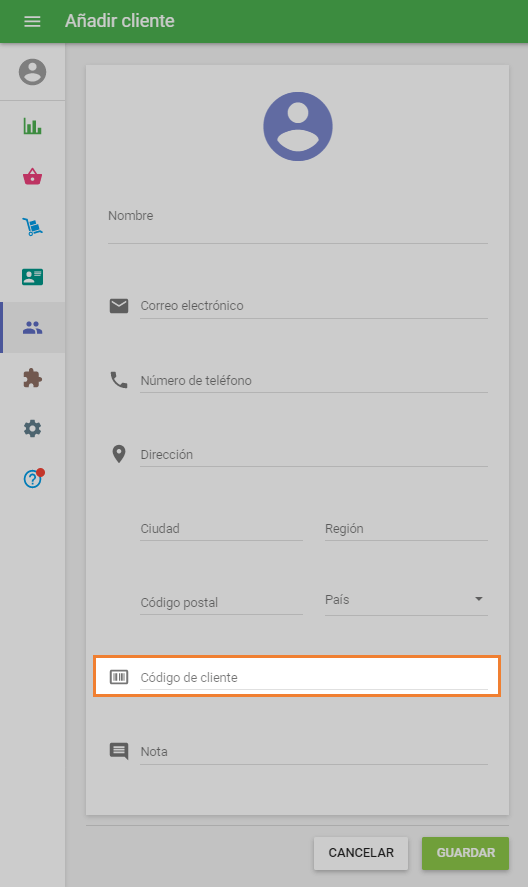 código de cliente en el Back Office
