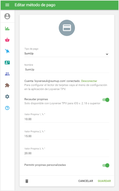 opción 'Permitir propinas personalizadas'