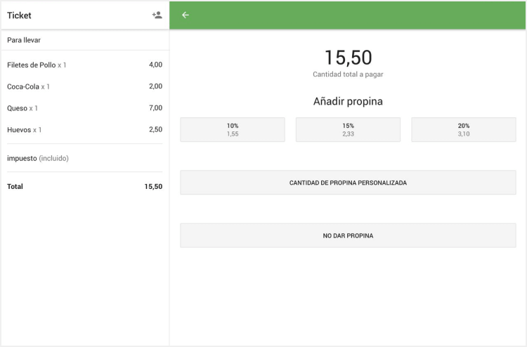 valor de propina aparece debajo del porcentaje mostrado