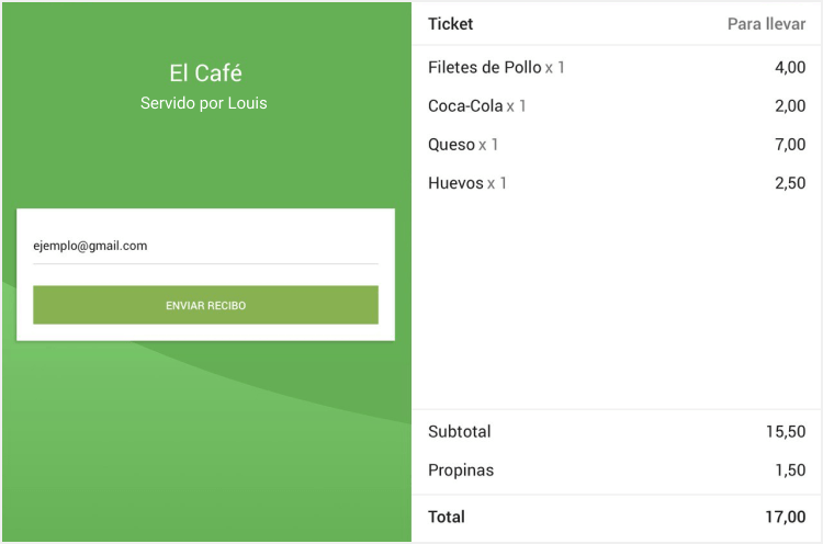 información del recibo con propinas