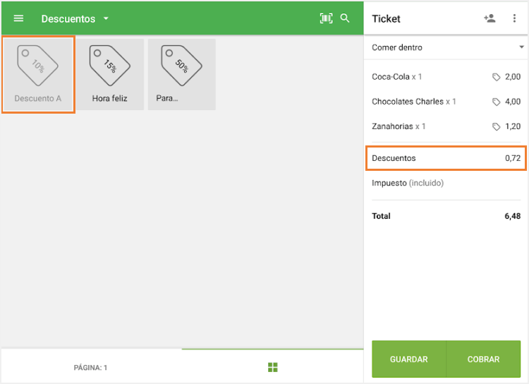 Toque el descuento necesario
