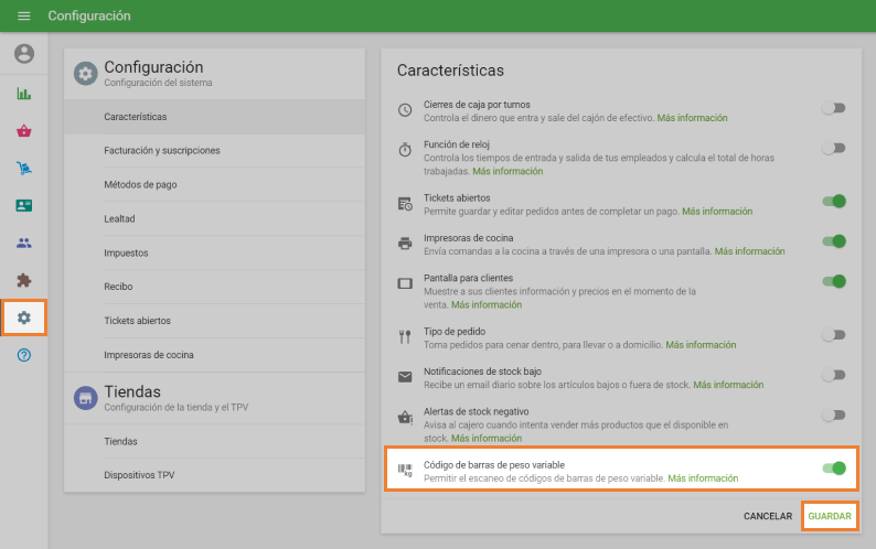 parámetro 'Códigos de barras de peso variable'