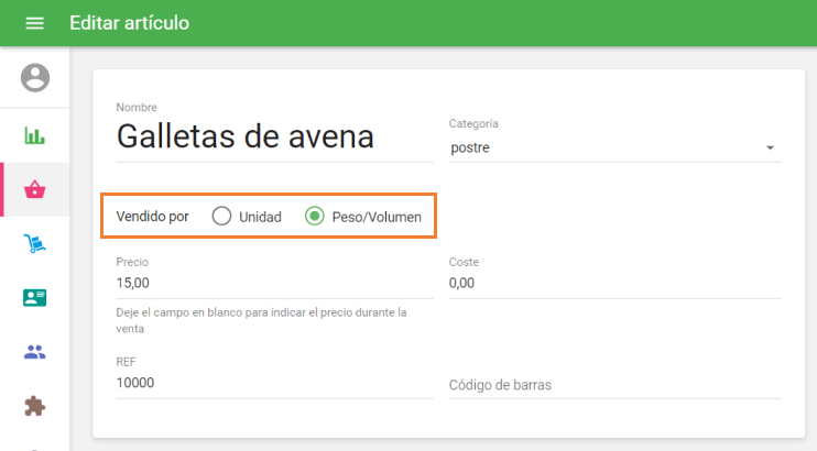 la opción 'vendido por peso' activada