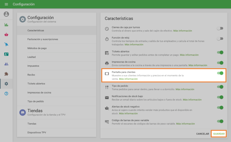 opción 'Usar pantallas para clientes'