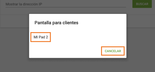 Seleccione la pantalla para clientes
