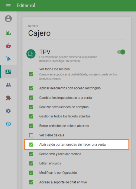 casilla 'Abrir cajón portamonedas sin hacer una venta'