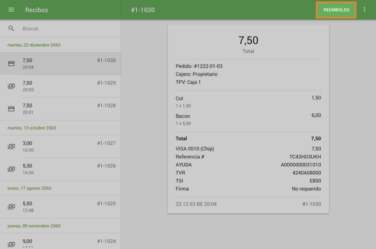 Presione el botón de 'Reembolso'