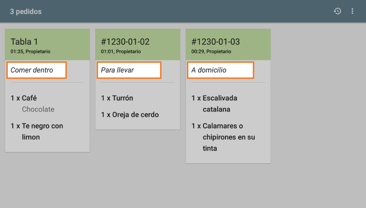 tipo de pedido el KDS