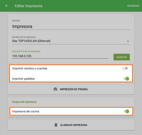 opción 'Imprimir pedidos'