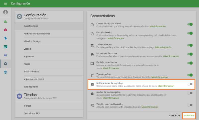 La opción 'Notificaciones de stock bajo'