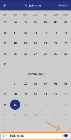 desactive la opción 'Todo el día'