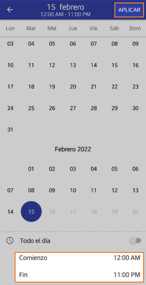 las horas de inicio y finalización