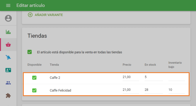 parámetros de los artículos para cada tienda